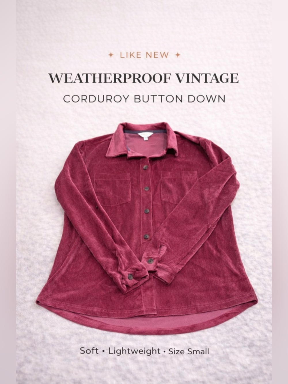 Weatherproof Vintage Corduroy Shirt Jacket Small Berry Button Down NWOT